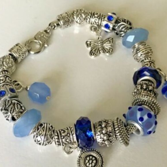 European Style Silver Plated Charm Bracelet with Beads, Lobster Closure, 9" Long - Picture 4 of 12